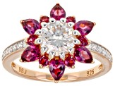 Moissanite And Rhodolite 14K Rose Gold Over Silver Ring 1.32ctw DEW