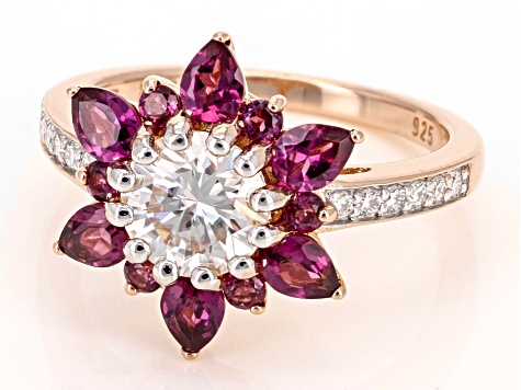 Moissanite And Rhodolite 14K Rose Gold Over Silver Ring 1.32ctw DEW