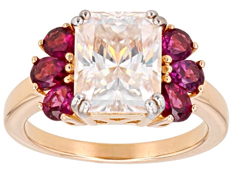 Moissanite And Rhodolite 14K Rose Gold Over Silver Ring 3.90ct DEW