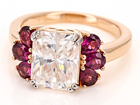 Moissanite And Rhodolite 14K Rose Gold Over Silver Ring 3.90ct DEW