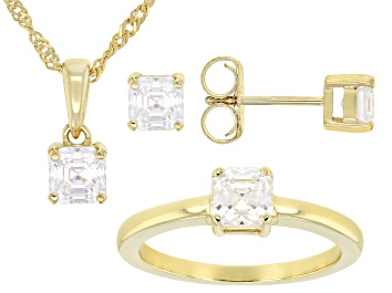 Picture of Moissanite 14k Yellow Gold Over Silver Ring And Stud Earrings With Pendant Set 2.40ctw DEW