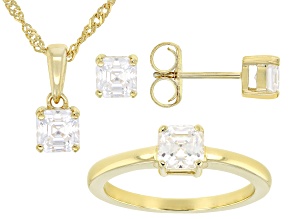 Moissanite 14k Yellow Gold Over Silver Ring And Stud Earrings With Pendant Set 2.40ctw DEW