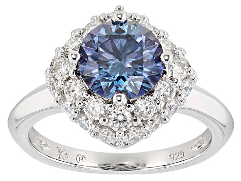 Blue and Colorless Moissanite Platineve Halo Ring 3.02ctw DEW.
