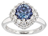 Blue and Colorless Moissanite Platineve Halo Ring 3.02ctw DEW.