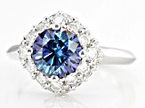 Blue and Colorless Moissanite Platineve Halo Ring 3.02ctw DEW.
