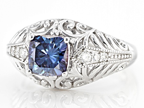 Blue and Colorless Moissanite Platineve Ring 1.44ctw DEW.