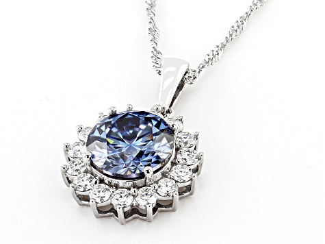 Blue And Colorless Moissanite Platineve Halo Pendant 4.50ctw DEW.