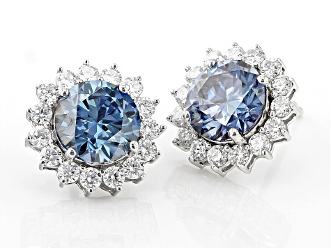 Blue And Colorless Moissanite Platineve Halo Earrings 4.70ctw DEW.