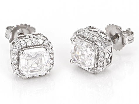 Moissanite Platineve Halo Earrings 4.14ctw DEW.