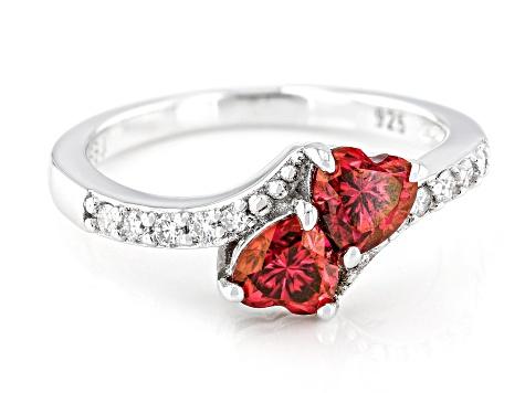 Red And Colorless Moissanite Platineve Heart Ring 1.18ctw DEW.