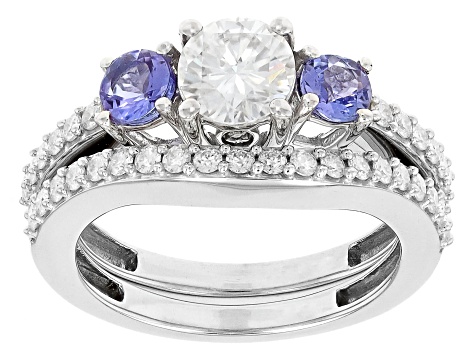 Moissanite And Tanzanite Platineve Ring And Band 1.48ctw DEW.