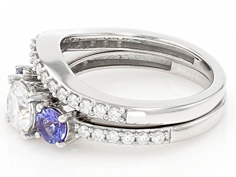 Moissanite And Tanzanite Platineve Ring And Band 1.48ctw DEW.