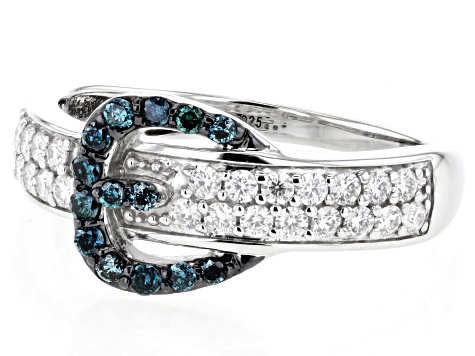 Moissanite & Blue Diamond Platineve Buckle Ring .74ctw DEW.