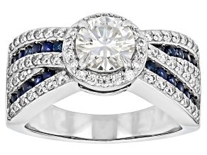 Moissanite And Blue Sapphire Platineve Crossover Ring 1.66ctw DEW.