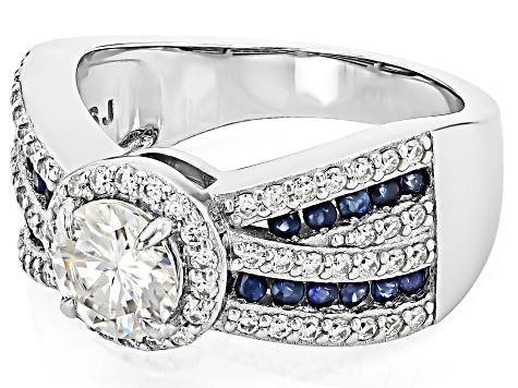 Moissanite And Blue Sapphire Platineve Crossover Ring 1.66ctw DEW.