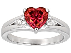 Red And Colorless Moissanite Platineve Heart Ring 1.32ctw DEW.