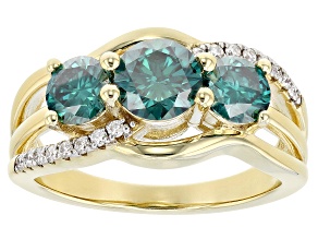 Green And Colorless Moissanite 14k Yellow Gold Over Silver 3 Stone Ring 1.96ctw DEW.