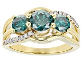 Green And Colorless Moissanite 14k Yellow Gold Over Silver 3 Stone Ring 1.96ctw DEW.