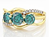 Green And Colorless Moissanite 14k Yellow Gold Over Silver 3 Stone Ring 1.96ctw DEW.