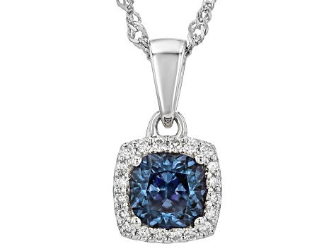 Blue And Colorless Moissanite Platineve Halo Pendant 1.50ctw DEW.