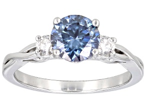 Blue and Colorless Moissanite Platineve Three Stone Ring 1.42ctw DEW.