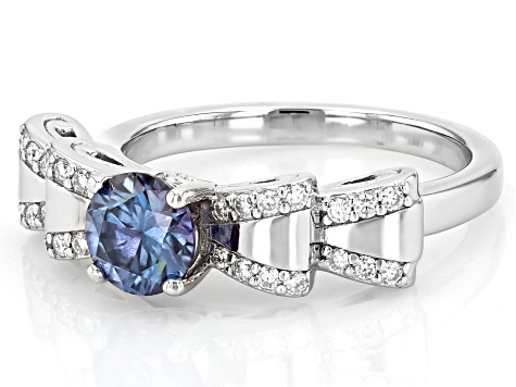 Blue And Colorless Moissanite Platineve Bow Ring 1.08ctw DEW