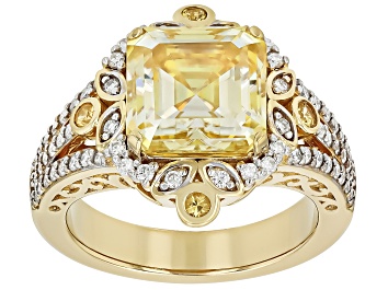 Picture of Yellow And Colorless Moissanite With Yellow Sapphire 14k Yellow Gold Over Silver Ring 5.24ctw DEW.