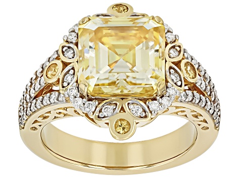 Yellow And Colorless Moissanite With Yellow Sapphire 14k Yellow Gold Over Silver Ring 5.24ctw DEW.