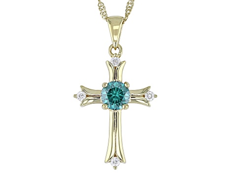 Green And Colorless Moissanite 14k Yellow Gold Over Silver Cross Pendant .92ctw DEW.