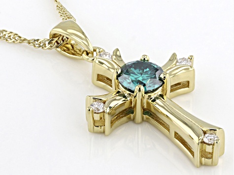Green And Colorless Moissanite 14k Yellow Gold Over Silver Cross Pendant .92ctw DEW.