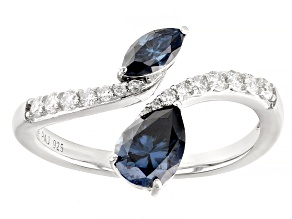 Navy Blue And Colorless Moissanite Platineve Bypass Ring 1.34ctw DEW.