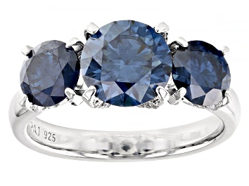Picture of Navy Blue And Colorless Moissanite Platineve 3 Stone Ring 
3.82ctw DEW.