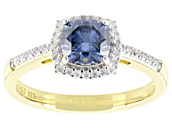 Picture of Navy Blue And Colorless Moissanite 14K Yellow Gold Over Silver Halo Ring 1.44ctw DEW.