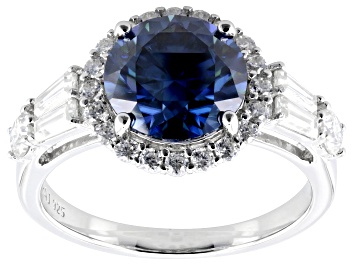 Picture of Navy Blue And Colorless Moissanite Platineve Halo Ring 3.66ctw DEW.