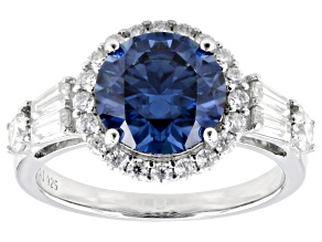 Navy Blue And Colorless Moissanite Platineve Halo Ring 3.66ctw DEW.