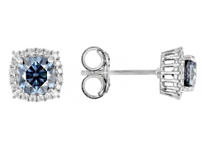 Navy Blue And Colorless Moissanite Platineve Stud Earrings 1.60ctw DEW.