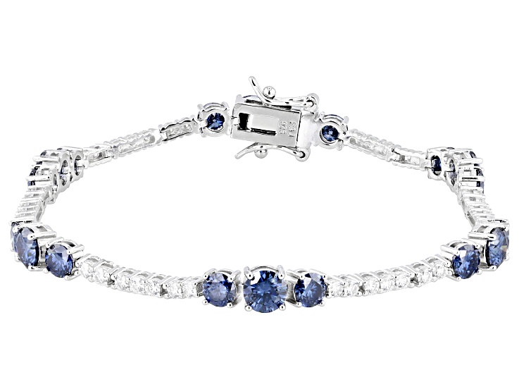 Navy Blue And Colorless Moissanite Platineve Tennis Bracelet 6.96ctw DEW.