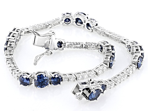 Navy Blue And Colorless Moissanite Platineve Tennis Bracelet 6.96ctw DEW.