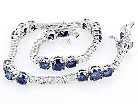 Navy Blue And Colorless Moissanite Platineve Tennis Bracelet 6.96ctw DEW.