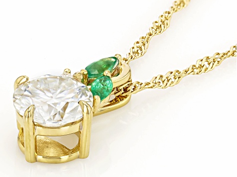 Moissanite Fire® 1.53ctw DEW Moissanite and .12ctw Emerald 14k Yellow Gold Over Silver Pendant