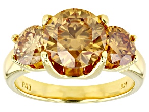 Champagne Moissanite 14k Yellow Gold Over Silver 3 Stone Ring 4.30ctw DEW