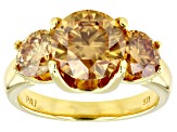 Champagne Moissanite 14k Yellow Gold Over Silver 3 Stone Ring 4.30ctw DEW