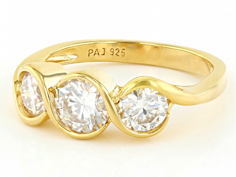 Moissanite 14k Yellow Gold Over Silver 3 Stone Ring        
1.80ctw DEW.