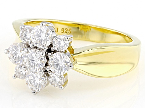 Moissanite 14k Yellow Gold Over Silver Cluster Ring 1.04ctw DEW.