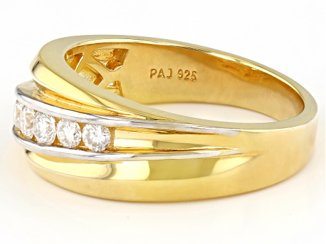 Moissanite Platineve And 14K Yellow Gold Over Silver Mens Band Ring .54ctw DEW.