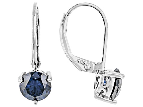 Navy Blue Moissanite Platineve Solitaire Earrings 1.60ctw DEW.