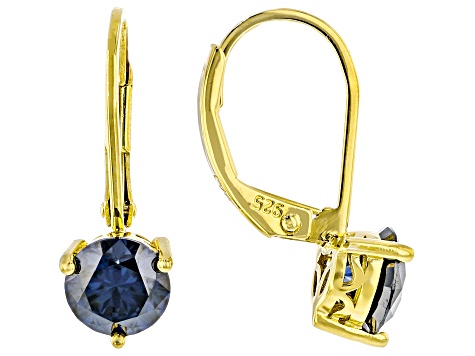 Navy Blue Moissanite 14k Yellow Gold Over Silver Solitaire Earrings 1.60ctw DEW.