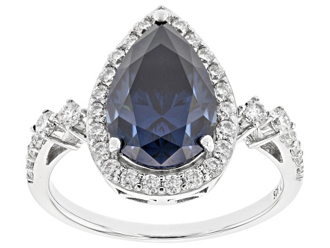 Navy Blue And Colorless Moissanite Platineve Halo Ring 4.31ctw DEW.