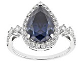 Navy Blue And Colorless Moissanite Platineve Halo Ring 4.31ctw DEW.