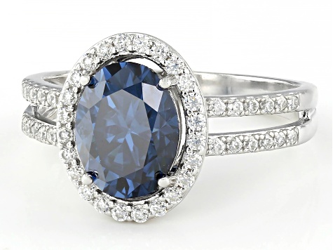 Navy Blue And Colorless Moissanite Platineve Halo Ring 2.58ctw DEW.